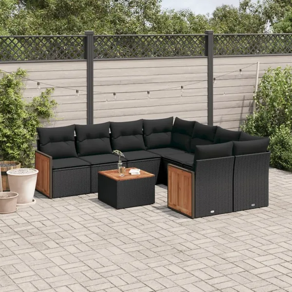 Salon de jardin 9 pcs avec coussins noir résine tressée