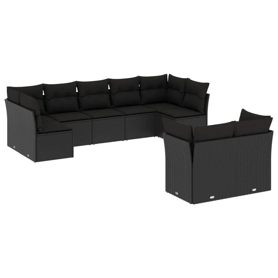 Salon de jardin 9 pcs avec coussins noir résine tressée - 2
