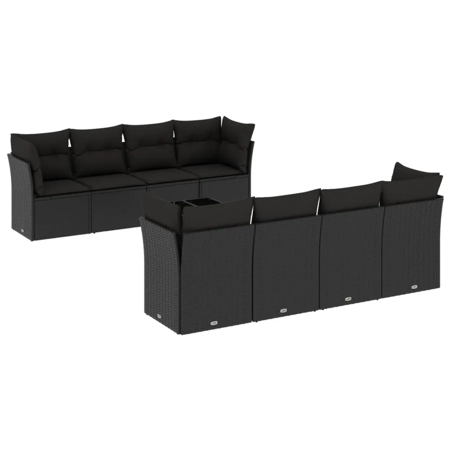 Salon de jardin 9 pcs avec coussins noir résine tressée - 2