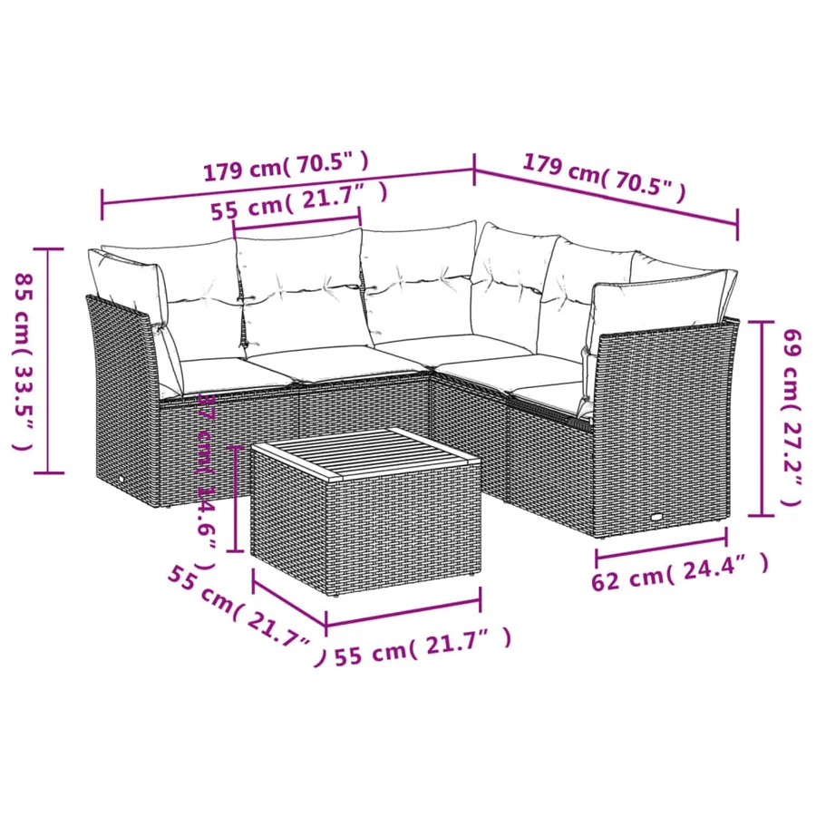 Salon de jardin 6 pcs avec coussins noir résine tressée - 10