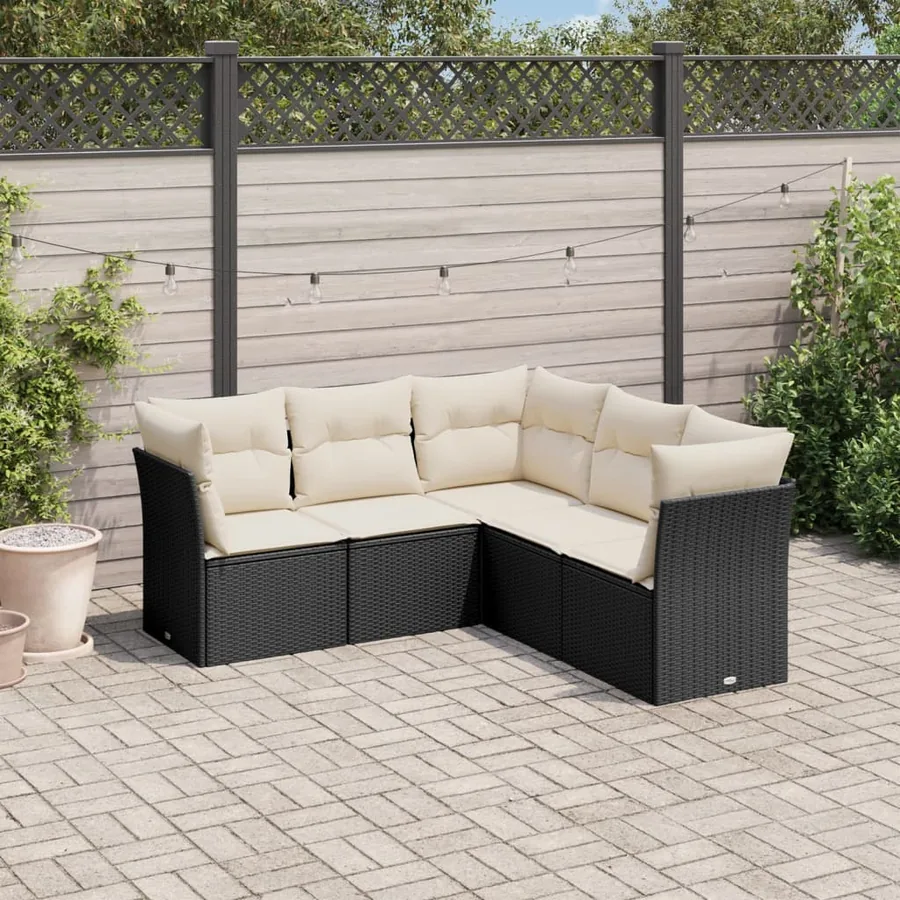 Salon de jardin 5 pcs avec coussins noir résine tressée
