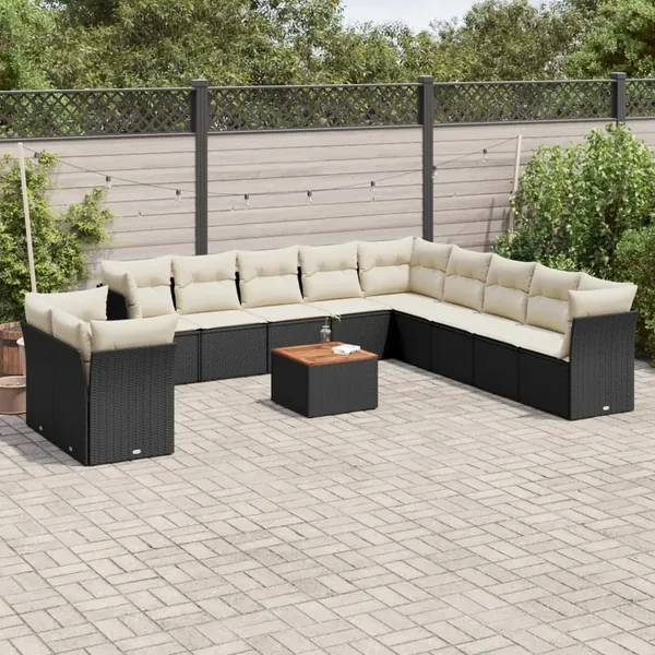 Salon de jardin 12 pcs avec coussins noir résine tressée