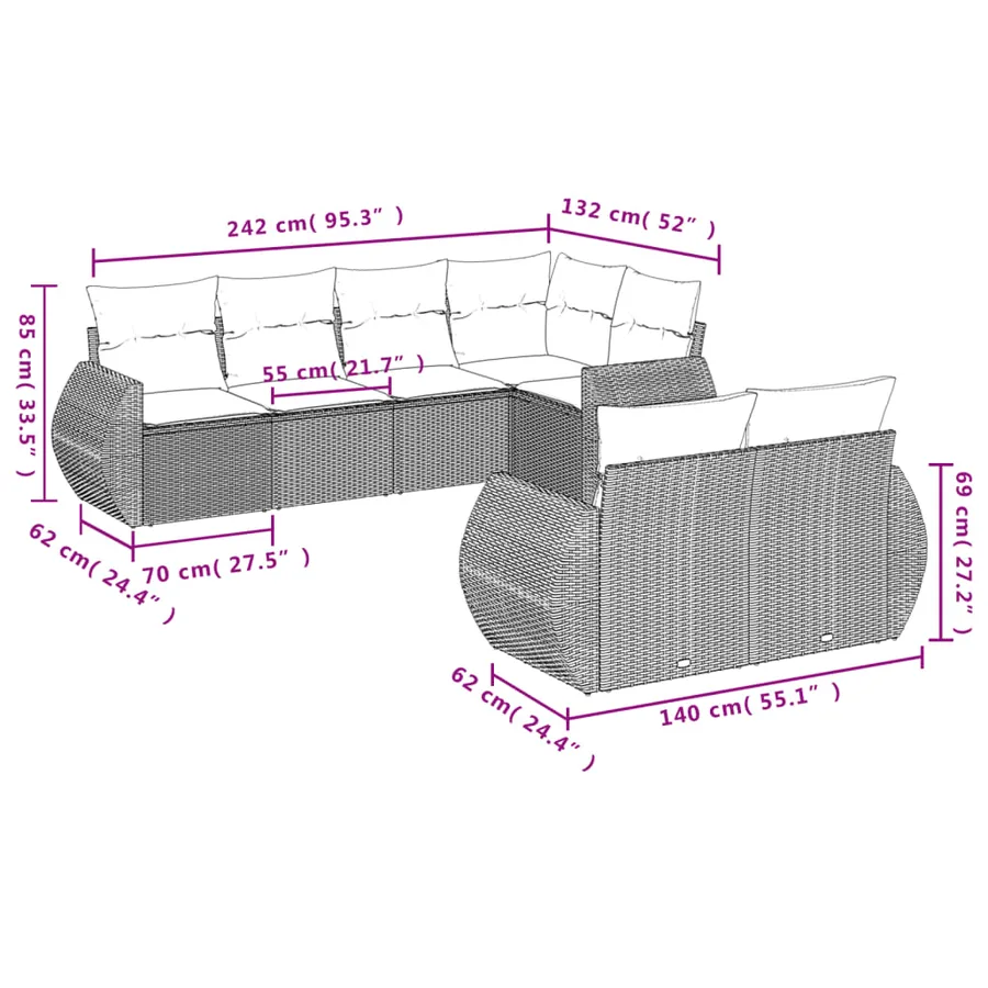 Salon de jardin 7 pcs avec coussins noir résine tressée 62 x 62 x 69 cm - 60,9 kg - 7