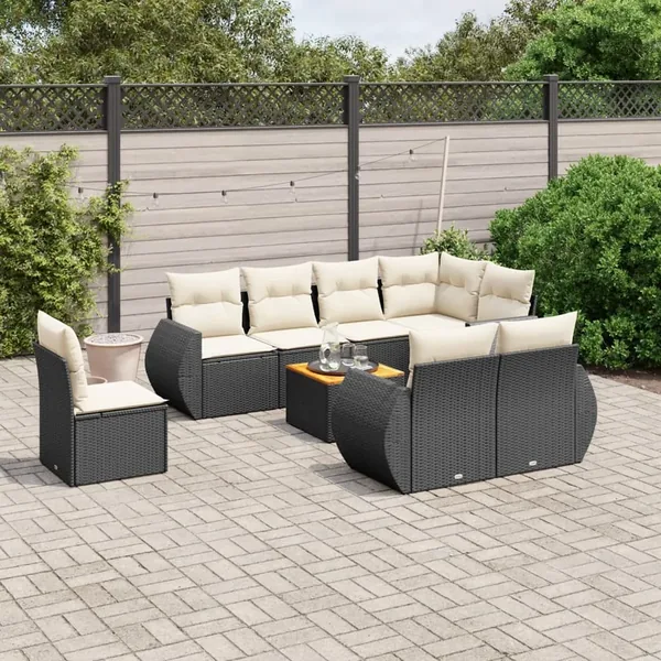 Salon de jardin 9 pcs avec coussins noir résine tressée