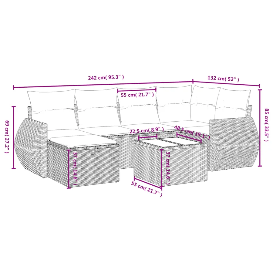 Salon de jardin avec coussins 7 pcs gris résine tressée - 4