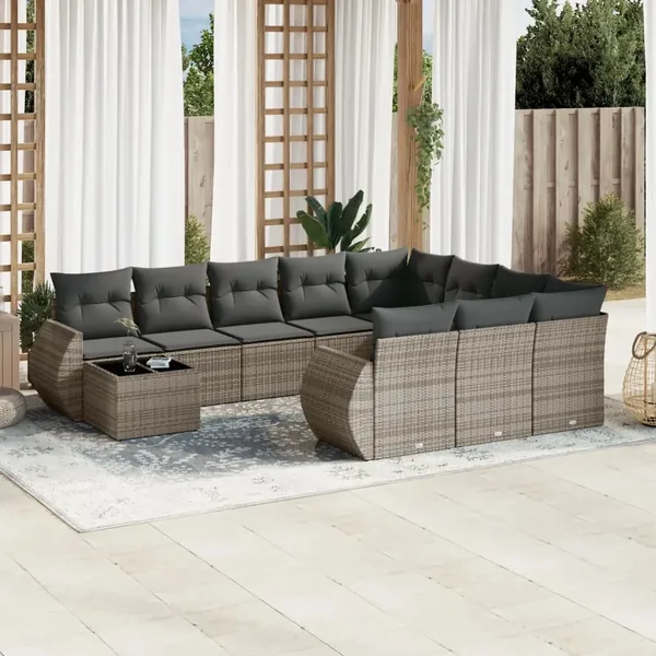 Salon de jardin 11 pcs avec coussins gris résine tressée