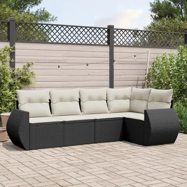 Salon de jardin 5 pcs avec coussins noir résine tressée