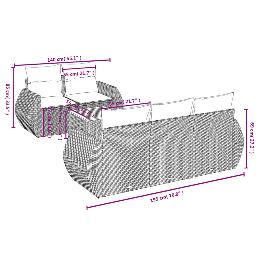 Salon de jardin 6 pcs avec coussins gris résine tressée - 7