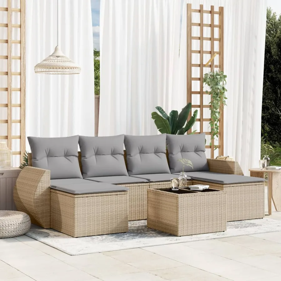 Salon de jardin avec coussins 7 pcs beige résine tressée
