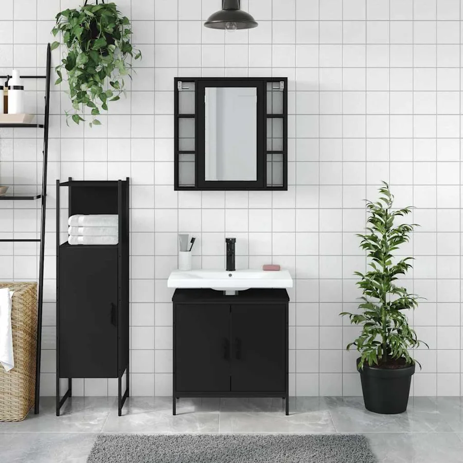 Ensemble d'armoires salle de bain 3 pcs noir bois d'ingénierie - 3