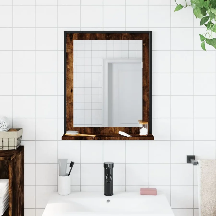 Miroir de salle de bain et étagère chêne fumé bois d’ingénierie - 3