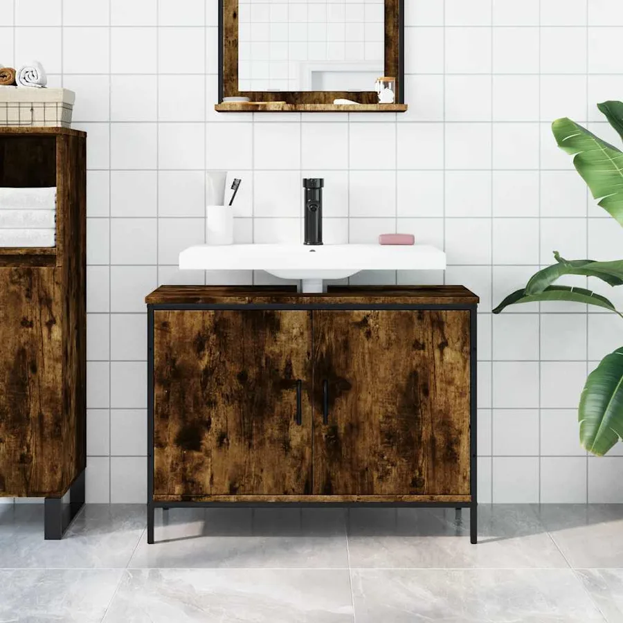 Armoire lavabo de salle de bain chêne fumé 80x30x60 cm - 3