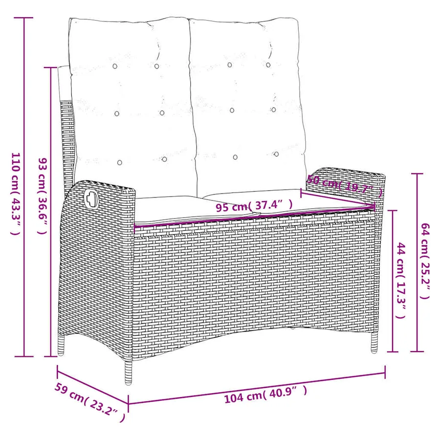 Banc inclinable de jardin avec coussins noir résine tressée - 10