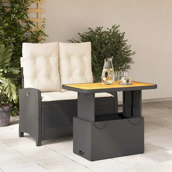 Ensemble à manger de jardin coussins 2pcs noir résine tressée