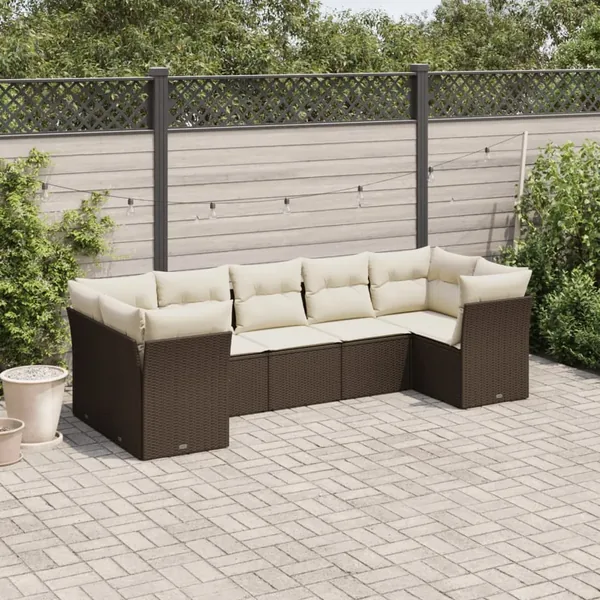 Salon de jardin avec coussins 7 pcs marron résine tressée