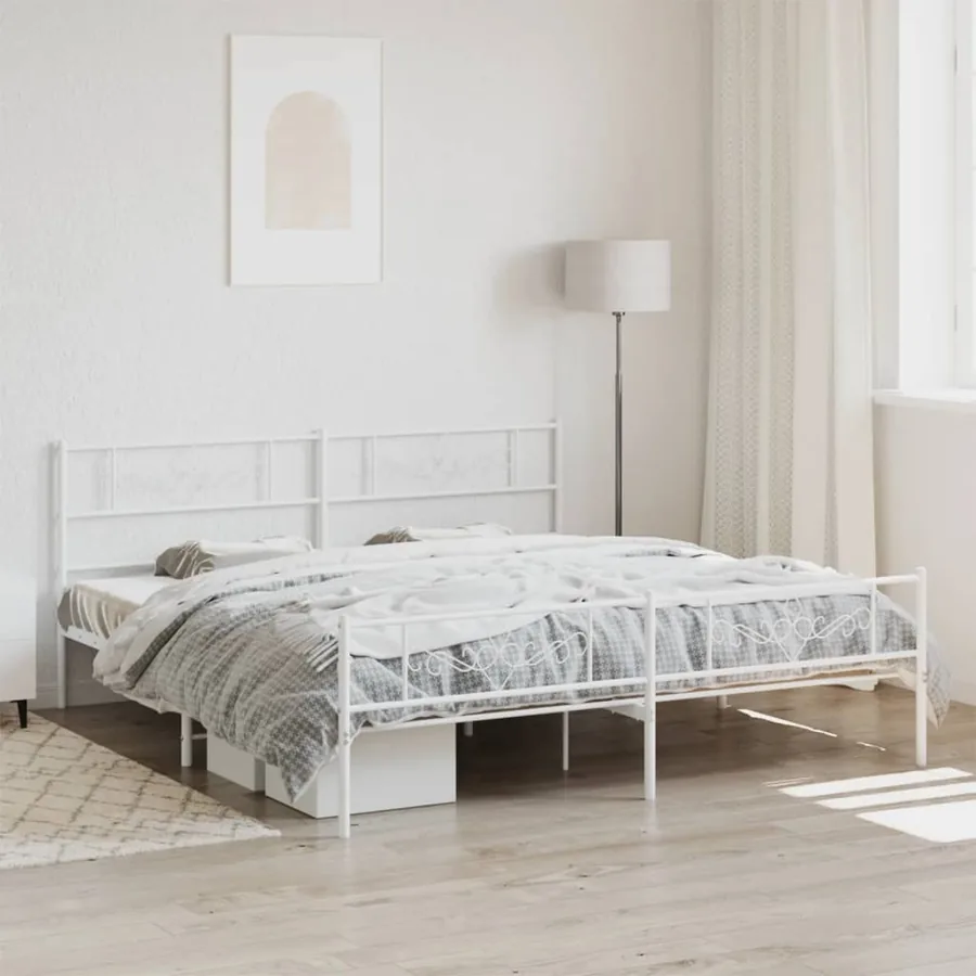 Cadre de lit métal sans matelas et pied de lit blanc 200x200 cm