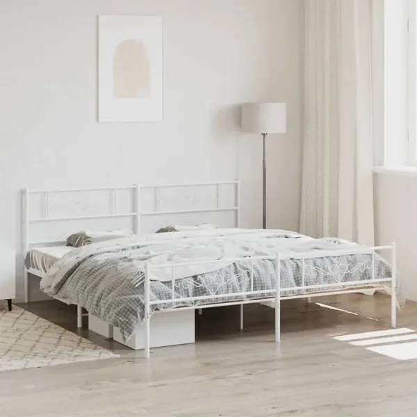 Cadre de lit métal sans matelas et pied de lit blanc 200x200 cm