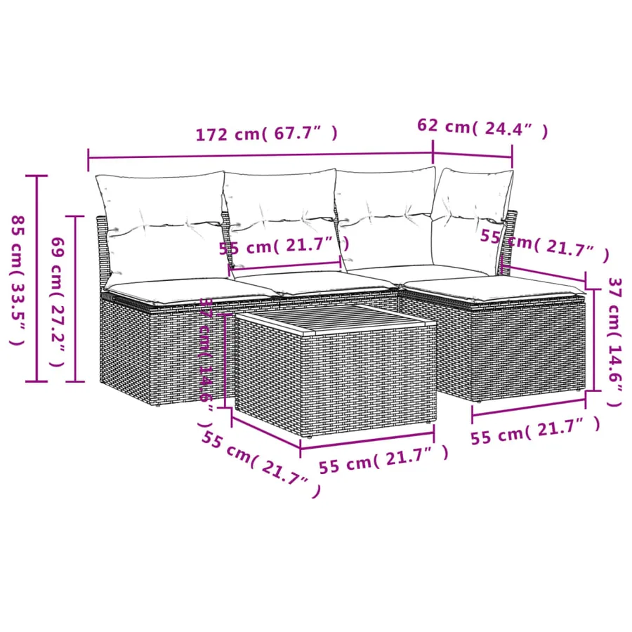 Salon de jardin 5 pcs avec coussins gris résine tressée - 11