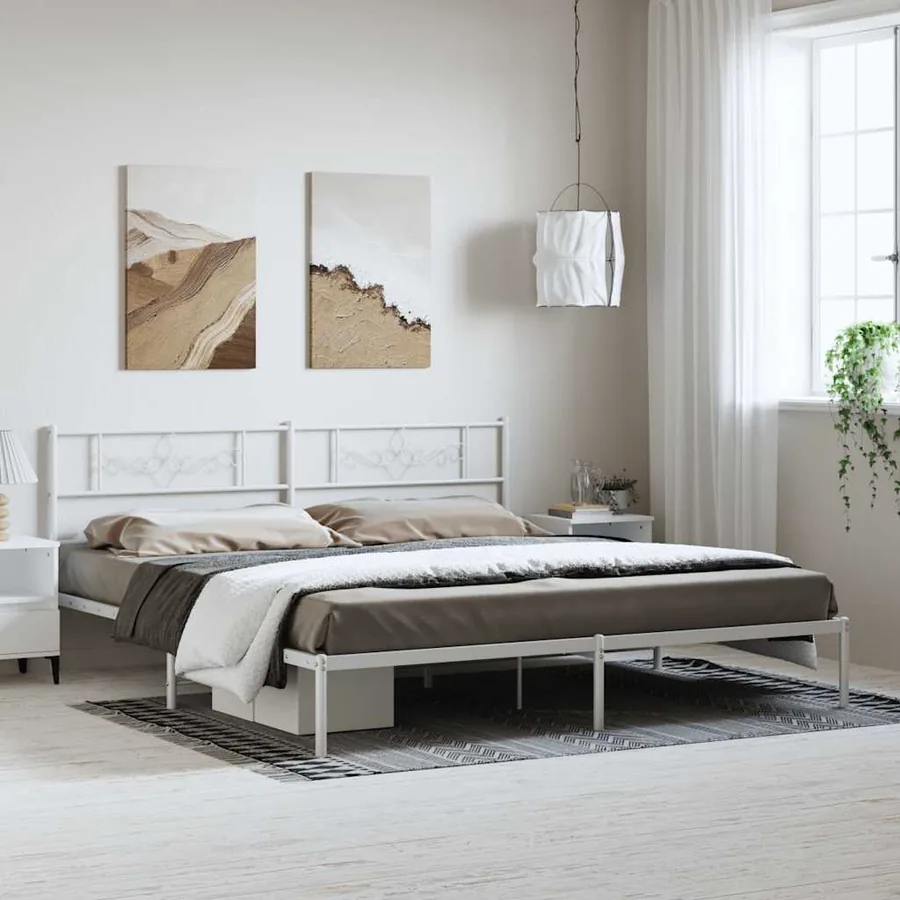 Cadre de lit métal sans matelas et tête de lit blanc 193x203 cm