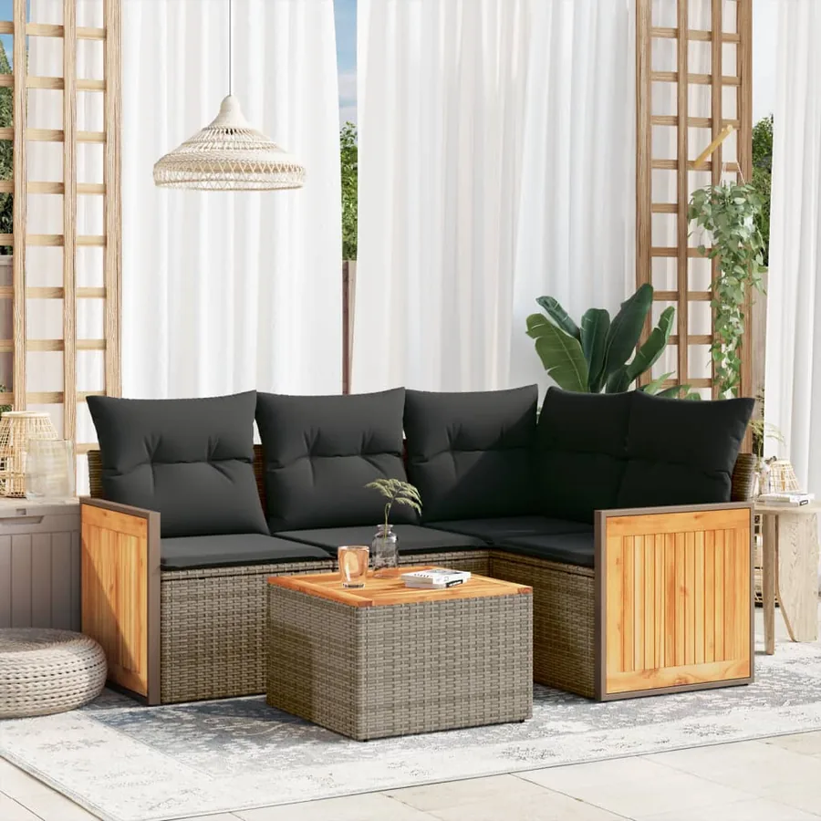 Salon de jardin 5 pcs avec coussins gris résine tressée