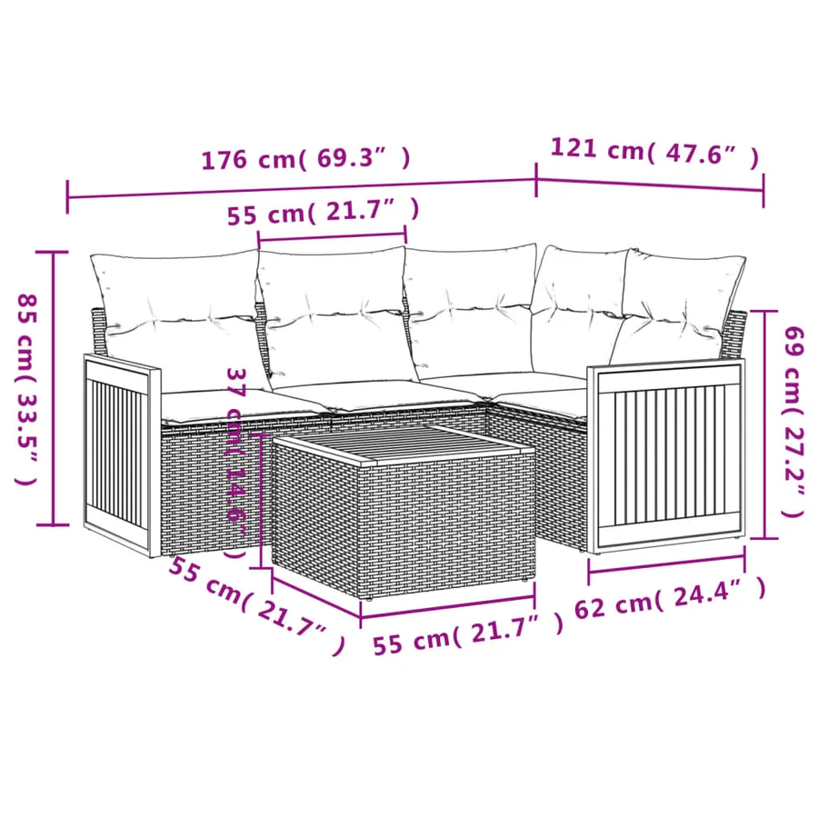 Salon de jardin 5 pcs avec coussins gris résine tressée - 3