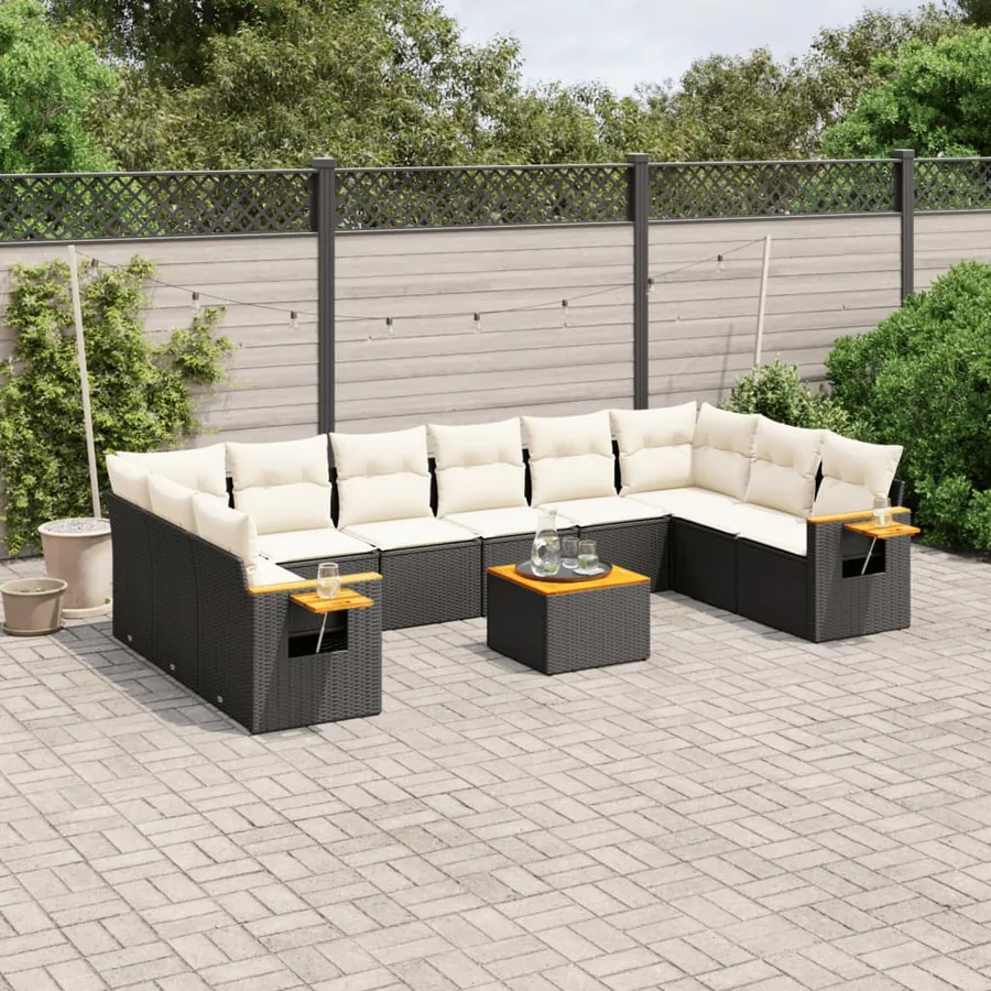 Salon de jardin 11 pcs avec coussins noir résine tressée