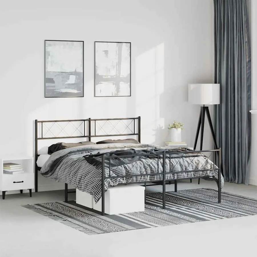 Cadre de lit métal sans matelas avec pied de lit noir 135x190cm