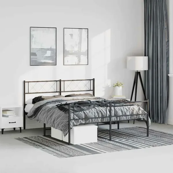 Cadre de lit métal sans matelas avec pied de lit noir 135x190cm