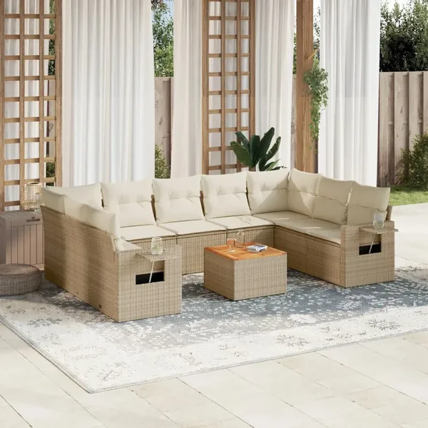 Salon de jardin avec coussins 10 pcs beige résine tressée
