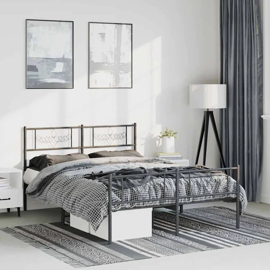 Cadre de lit métal sans matelas avec pied de lit noir 135x190cm