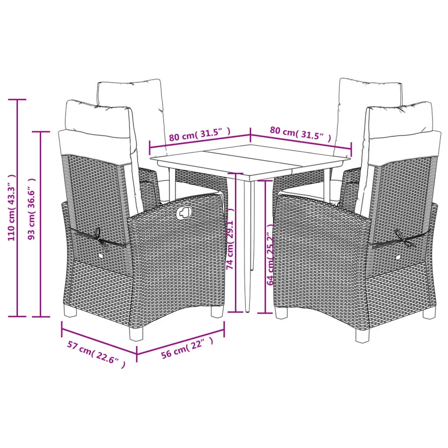 Ensemble à manger de jardin 5 pcs et coussins marron poly rotin - 9