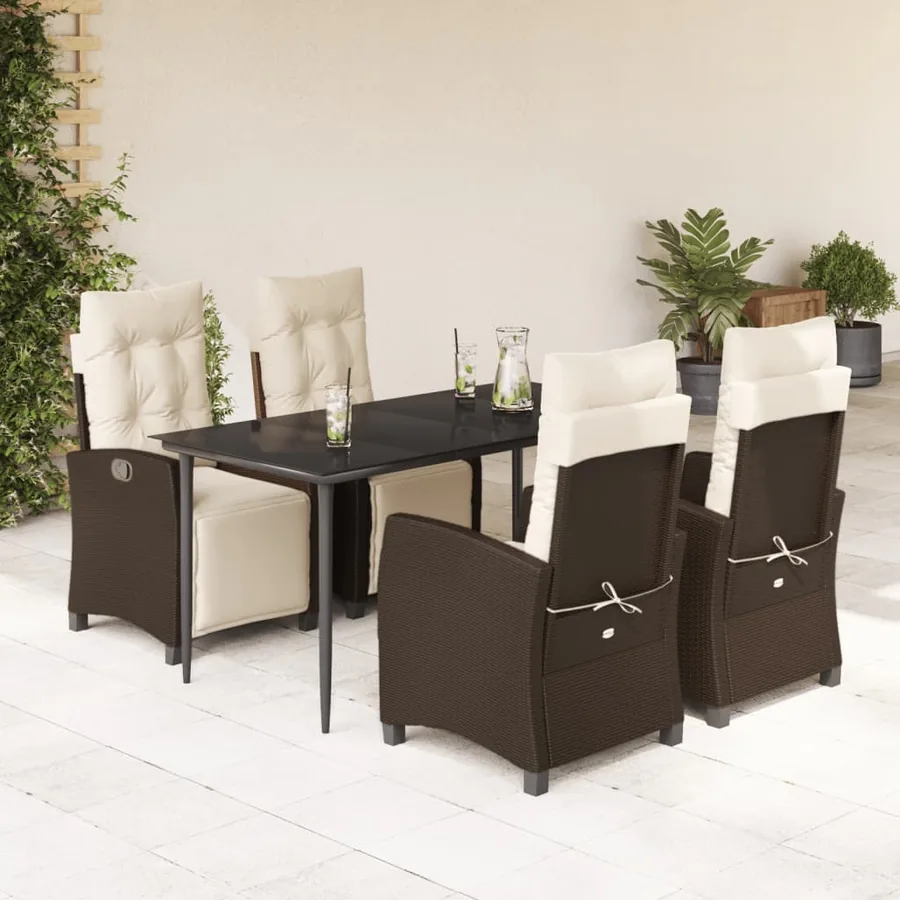 Ensemble à manger de jardin 5 pcs et coussins marron poly rotin