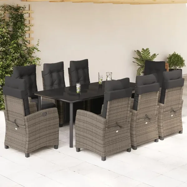 Ensemble à manger de jardin 9 pcs coussins gris résine tressée