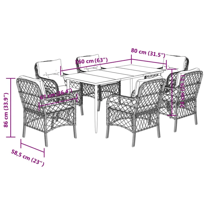 Ensemble à manger de jardin coussins 7pcs Noir Résine tressée - 7