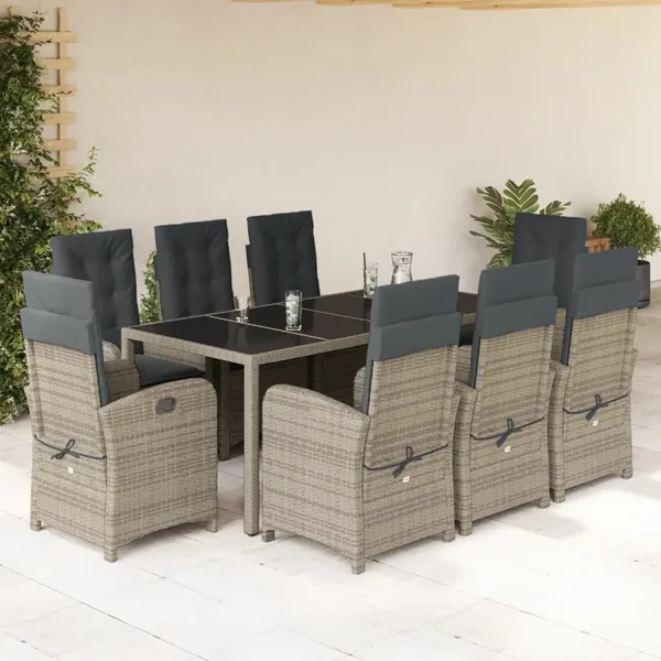 Ensemble à manger de jardin 9 pcs coussins gris résine tressée