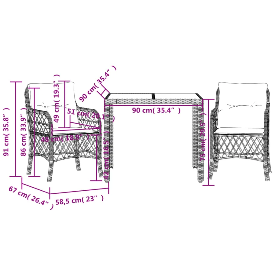 Ensemble de bistro 3 pcs avec coussins noir résine tressée - 7