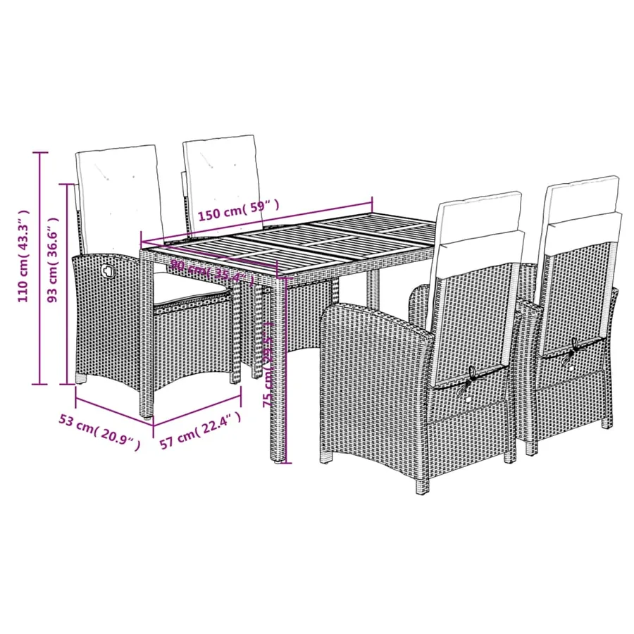 Ensemble à manger de jardin coussins 5pcs Noir Résine tressée - 9