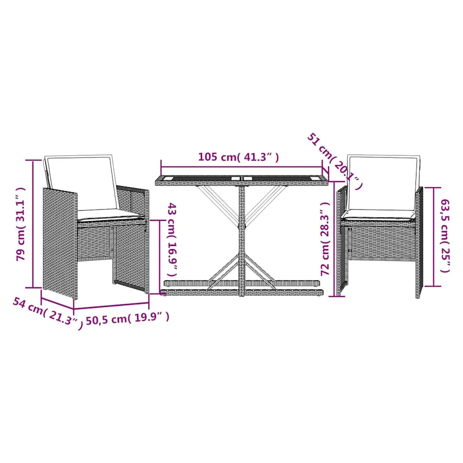 Ensemble de bistro 3 pcs avec coussins gris résine tressée - 11
