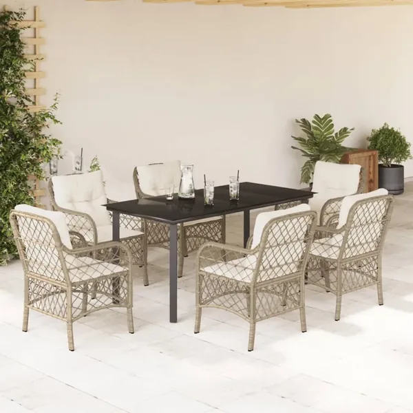 Ensemble à manger de jardin et coussins 7 pcs beige poly rotin