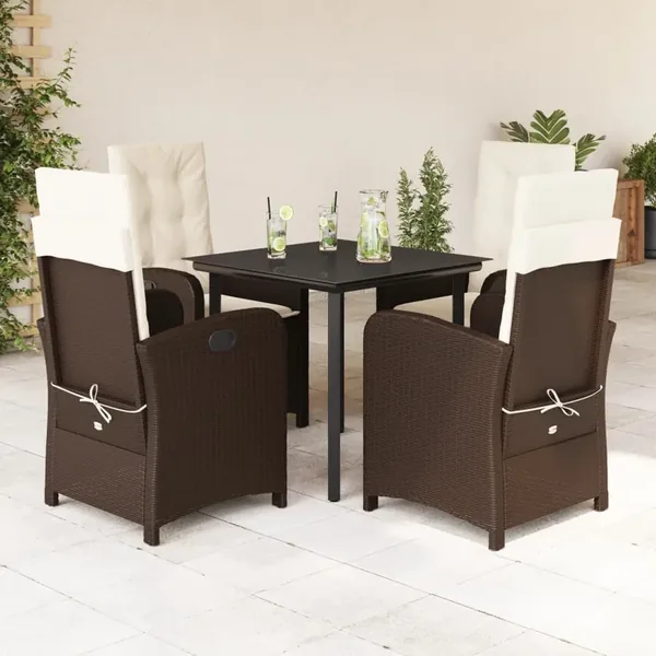Ensemble à manger de jardin 5 pcs et coussins marron poly rotin