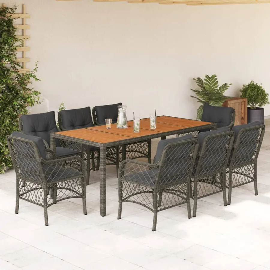 Ensemble à manger de jardin 9 pcs coussins gris résine tressée