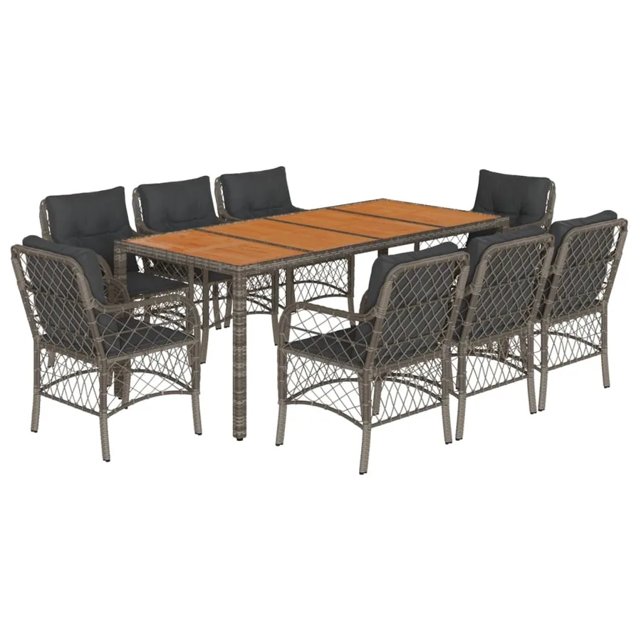Ensemble à manger de jardin 9 pcs coussins gris résine tressée - 2