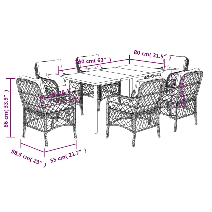 Ensemble à manger de jardin et coussins 7 pcs gris rotin - 7