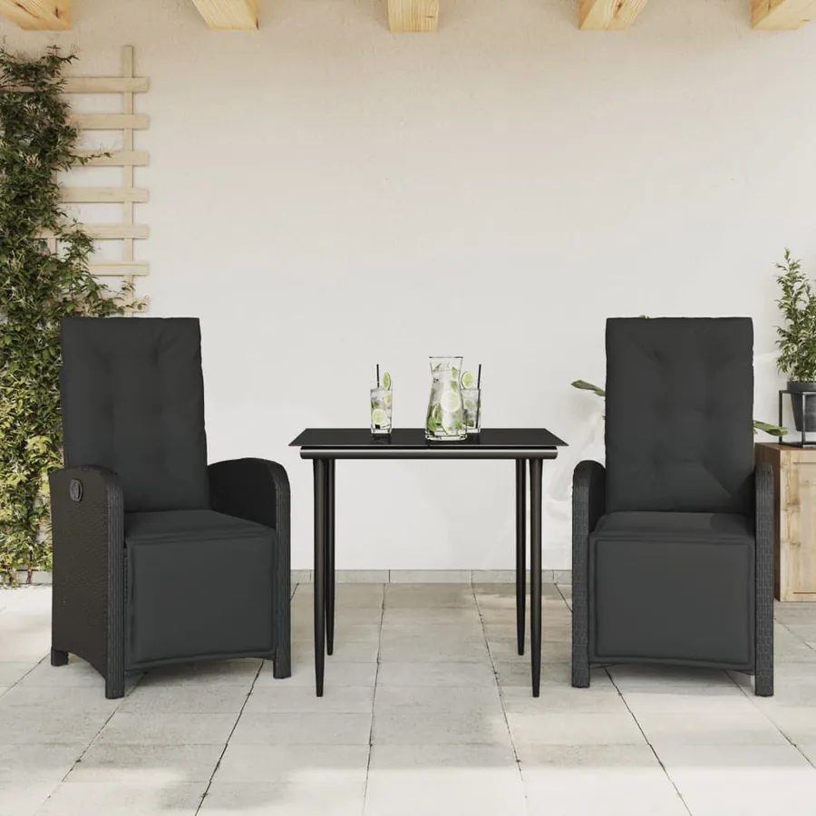 Ensemble de bistro 3 pcs avec coussins noir résine tressée