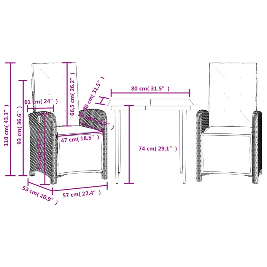 Ensemble de bistro 3 pcs avec coussins noir résine tressée - 9