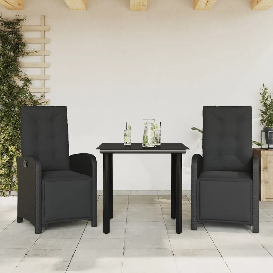 Ensemble de bistro 3 pcs avec coussins noir résine tressée
