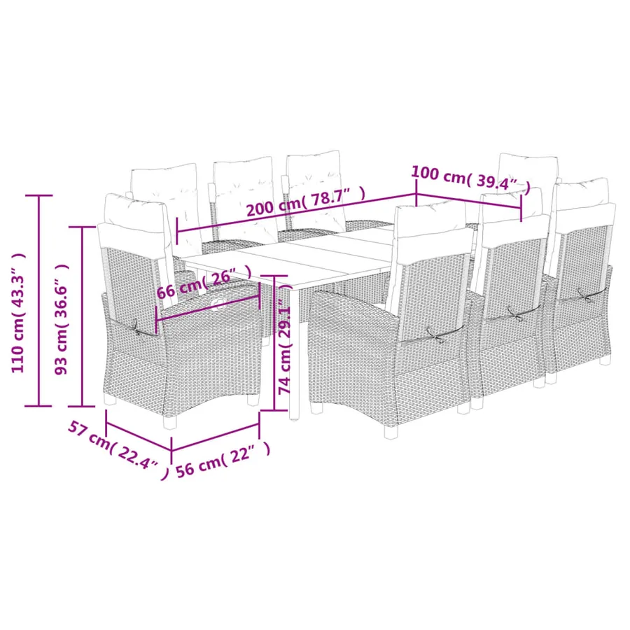 Ensemble à manger de jardin et coussins 9 pcs marron poly rotin - 12