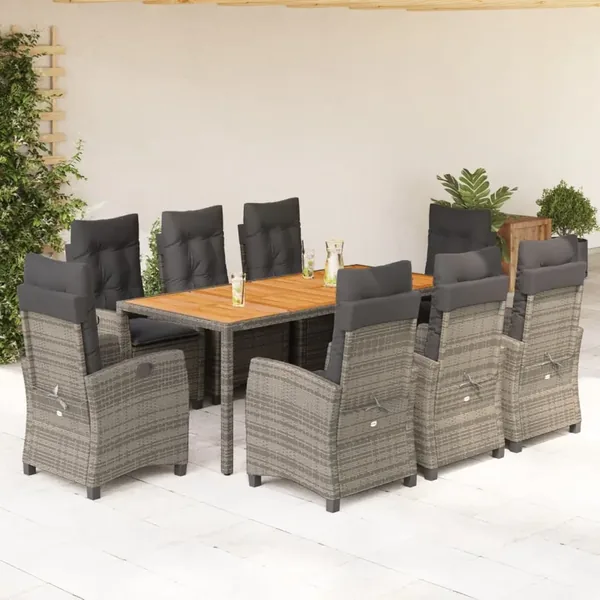 Ensemble à manger de jardin 9 pcs coussins gris résine tressée