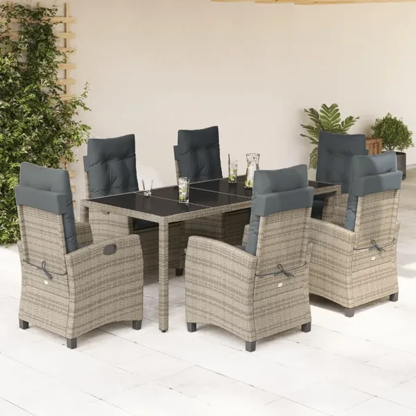 Ensemble à manger de jardin et coussins 7 pcs gris rotin