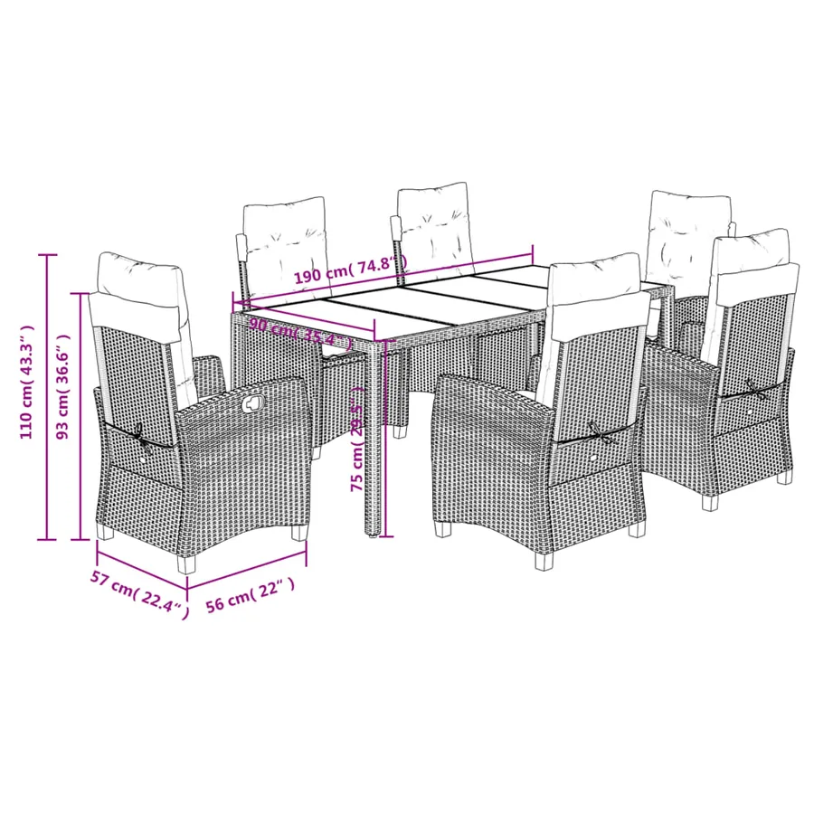 Ensemble à manger de jardin et coussins 7 pcs gris rotin - 9
